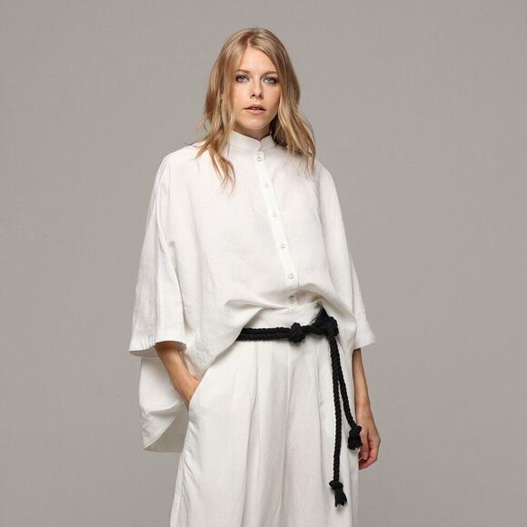 Ozai N Ku white viscose linen oversized short sleeve button down collarless top - Picture 1 of 7